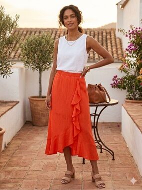 BCX Orange Asymmetrical Ruffled High-Low Midi Skirt
